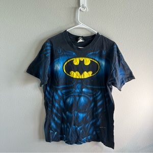 Vintage Batman Chest Emblem Front AOP Print Black Shirt Size Large 1997 DC